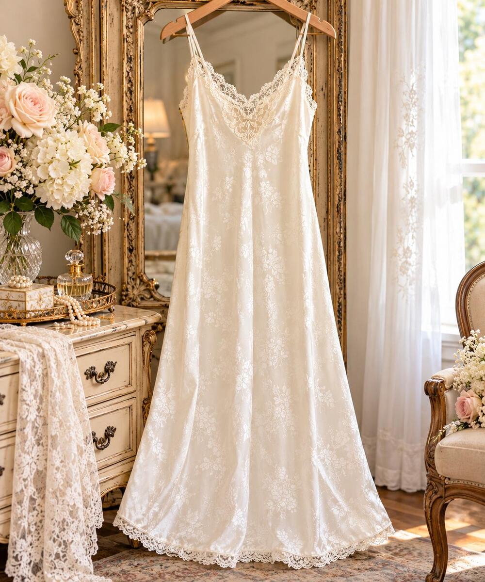 Vintage Carole Hochman Ivory Lace Nightgown, Floral Jacquard Slip (Size Small)